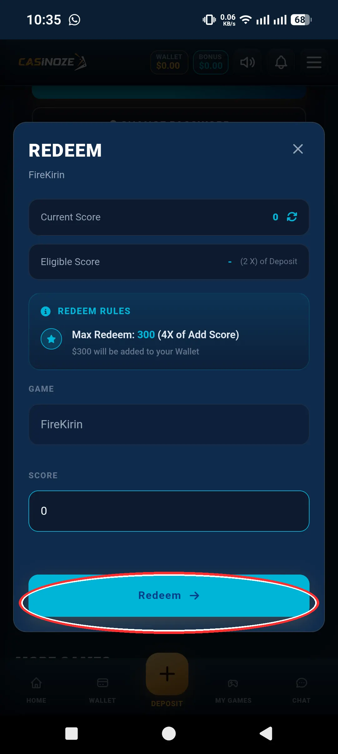 Redeem and withdrawal screen on the distributor site