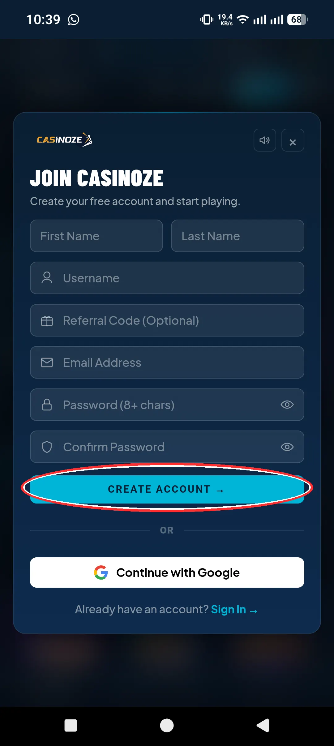 Sign-up page on the distributor's website