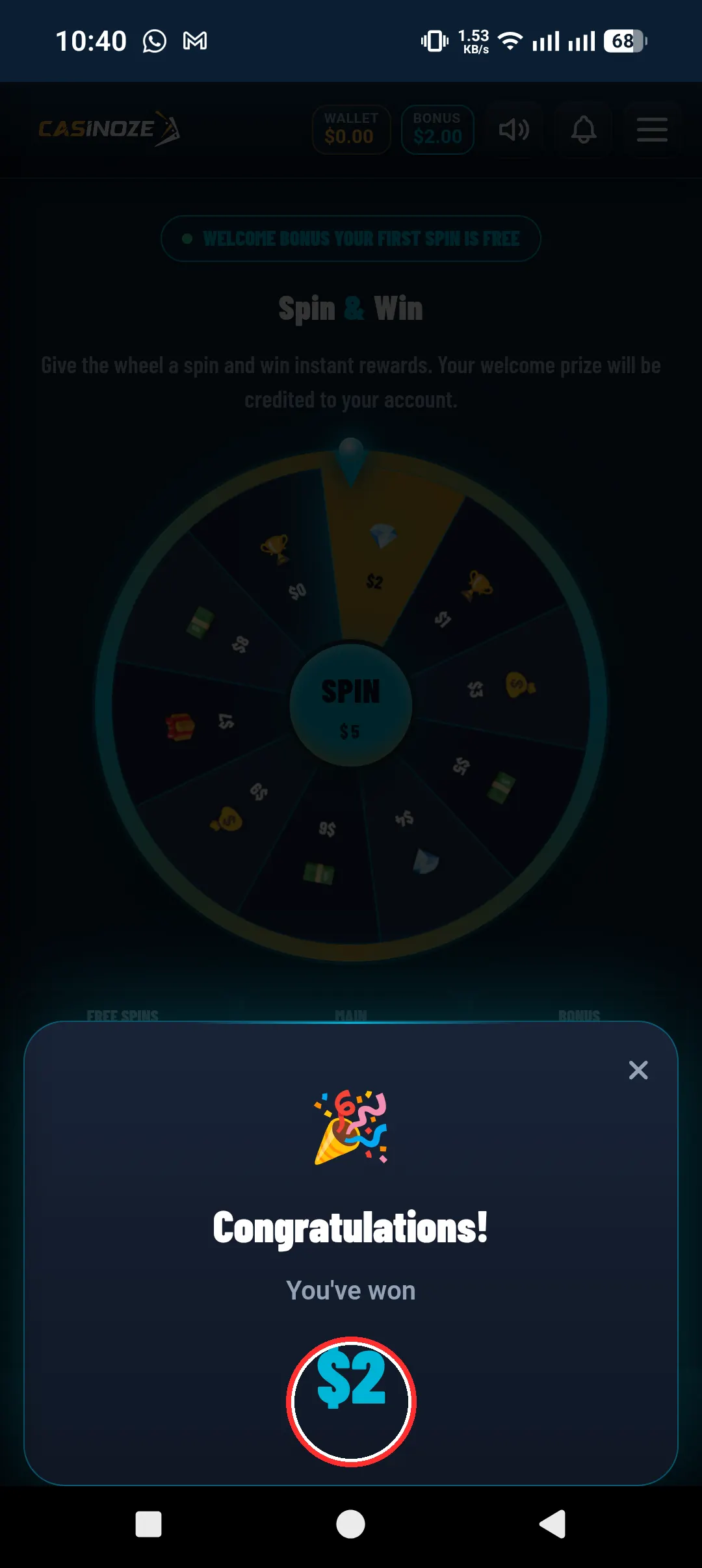 Spin reward bonus showing free credit winnings for a Fire Kirin player