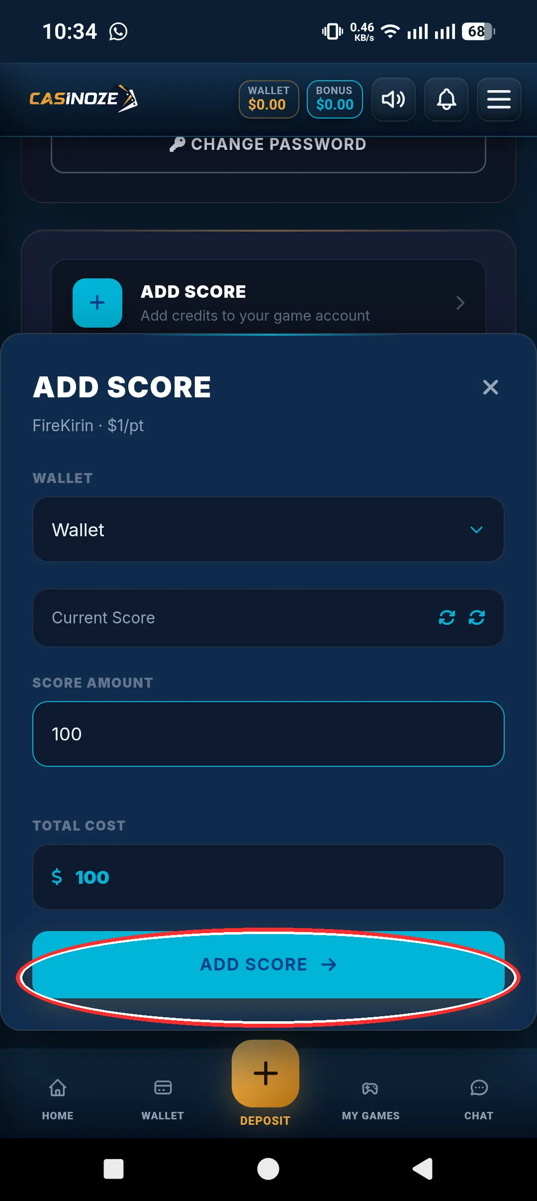 Add Score button in the Fire Kirin game