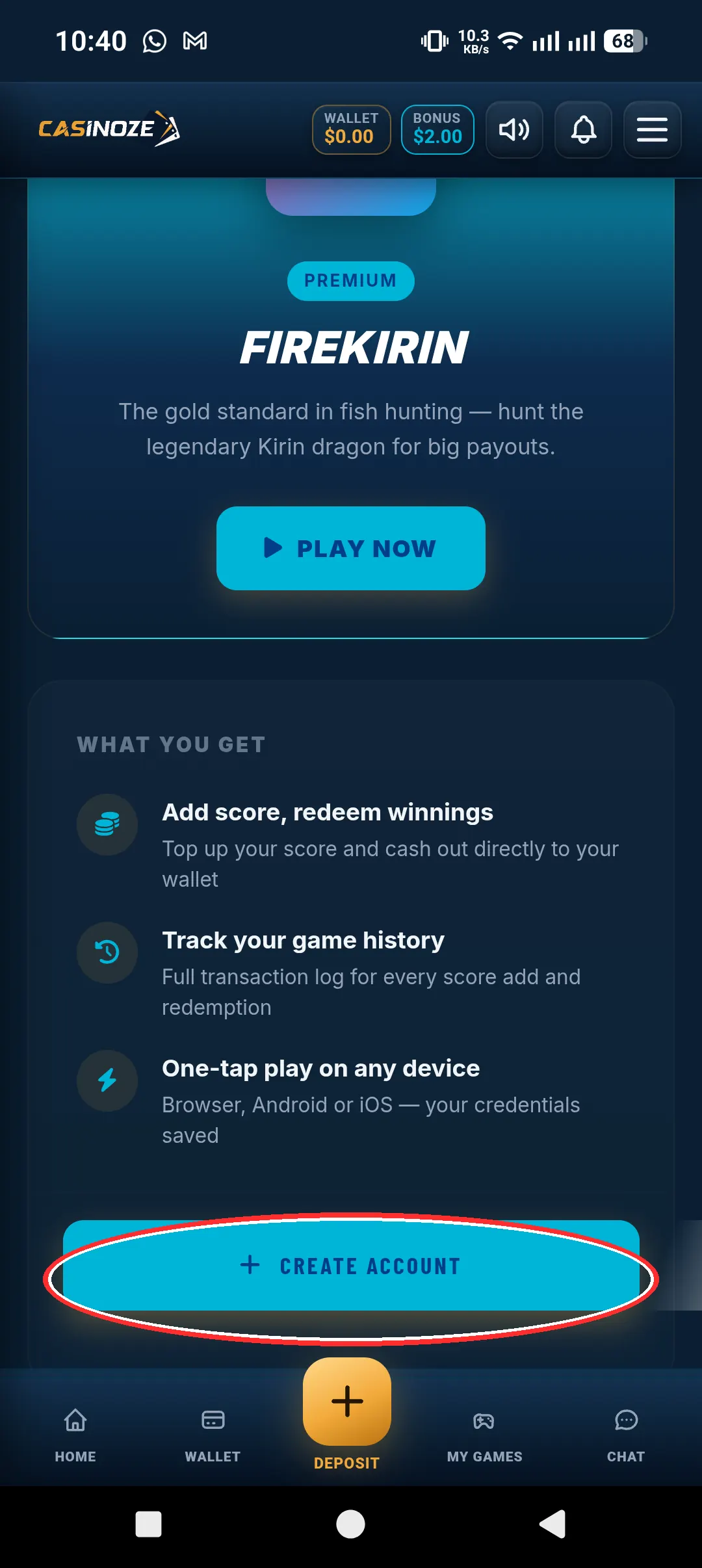 Create Account button for generating a Fire Kirin game login