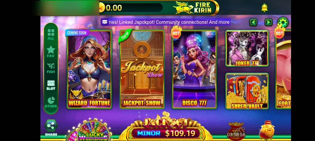 Fire Kirin lobby showing Wizard Fortune, Jackpot Show, Disco 777 and more slots