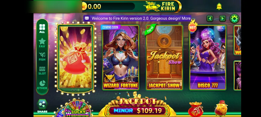 Fire Kirin slots lobby showing the available slot games